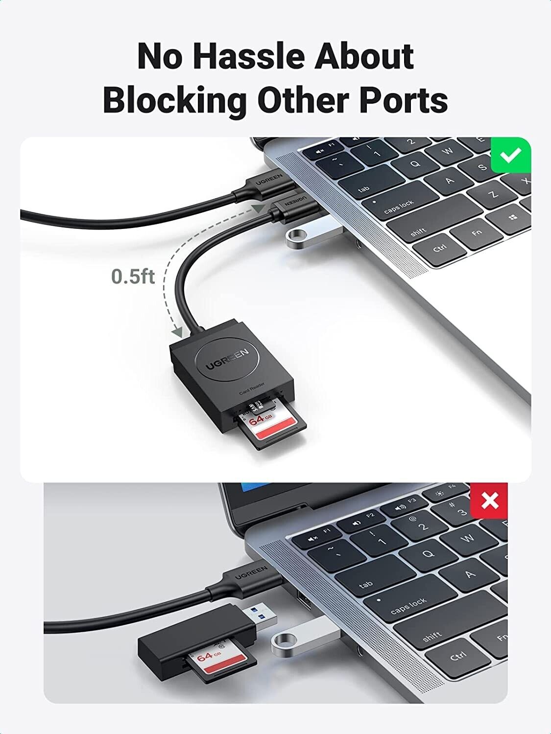 Ugreen Lecteur carte mémoire SD/TF USB 3.0 (2en1) Noir