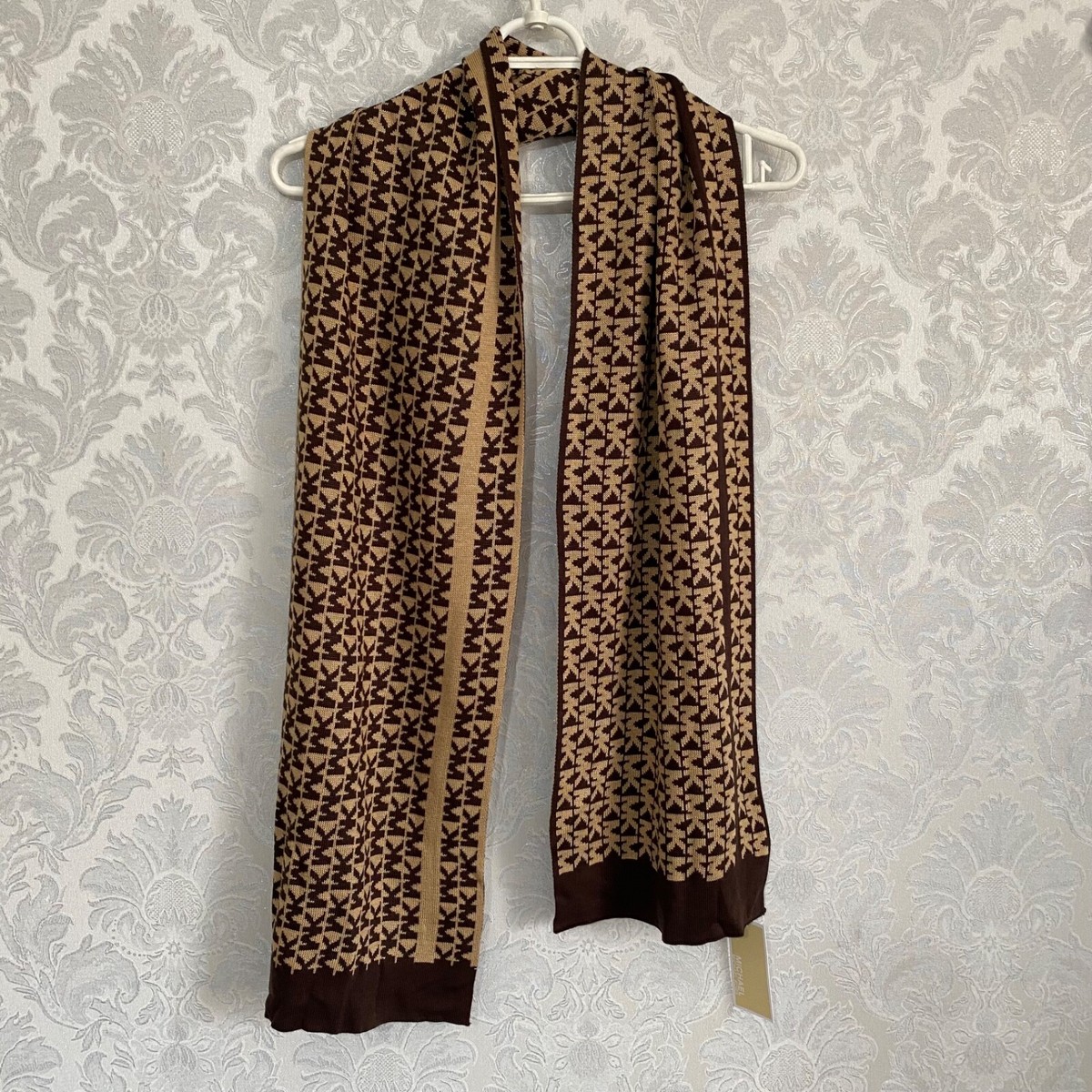 New Michael Kors Scarf MK Monogram Reversible Brown Beige Knit