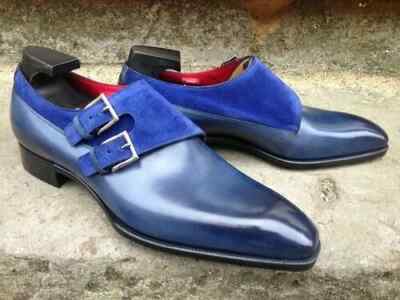 Herrenschuhe handgefertigt blau Leder Wildleder ganz geschnitten Mönchsriemen formelle Freizeitkleidung