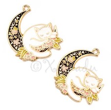 Cat Moon Charms 33mm Floral Gold Plated Sleep Enamel Pendants E6084-2, 5, 10PCs
