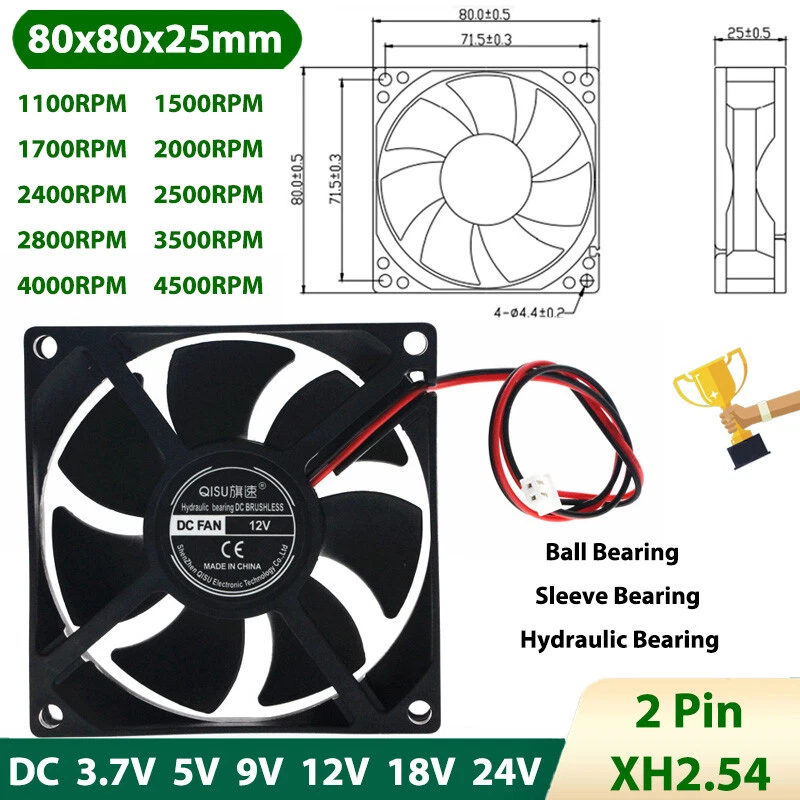 8025 DC Brushless Cooling Fan Mini Silent Fans 3.7/5/9/12/18/24V 1100RPM-4500RPM - Image 2 of 4
