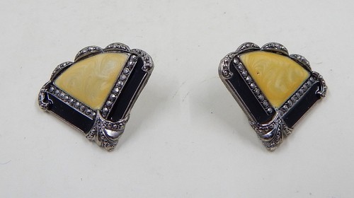Avon Art Deco Faux Marcasite Pearlized Cream Black Enamel Fan Earrings Pin - Picture 6 of 12