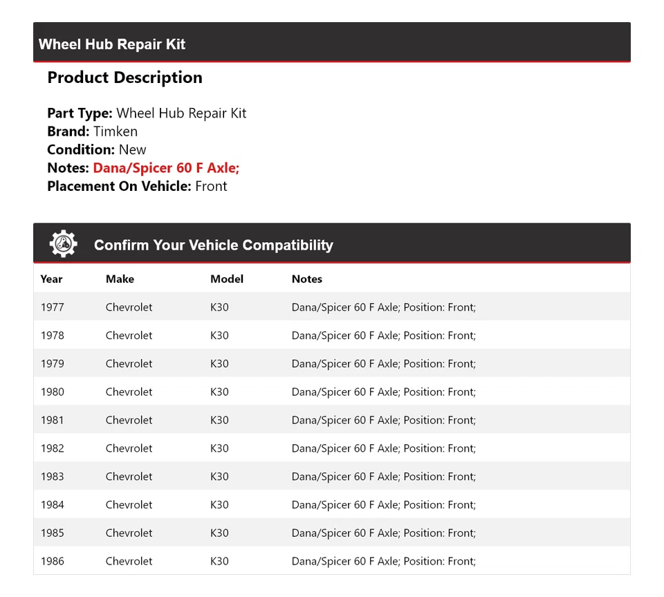 Ремонтный комплект передней ступицы колеса для Chevrolet K30 1977-1986 годов выпуска Timken 1978 1979 1980 годов выпуска - Изображение 2 из 4