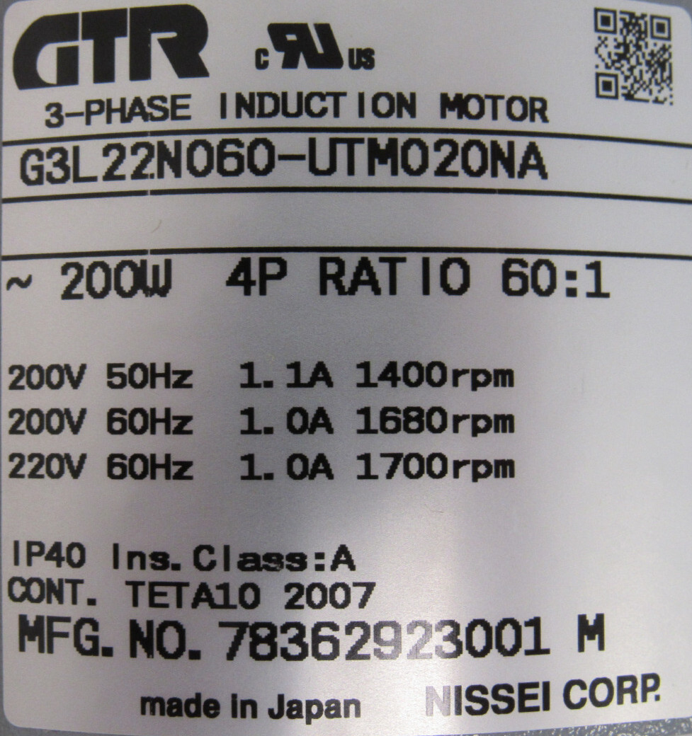 NEW NISSEI G3L22N060-UTM020NA GEAR MOTOR 60:1 7/8" DIA. G3L22N060UTM020NA