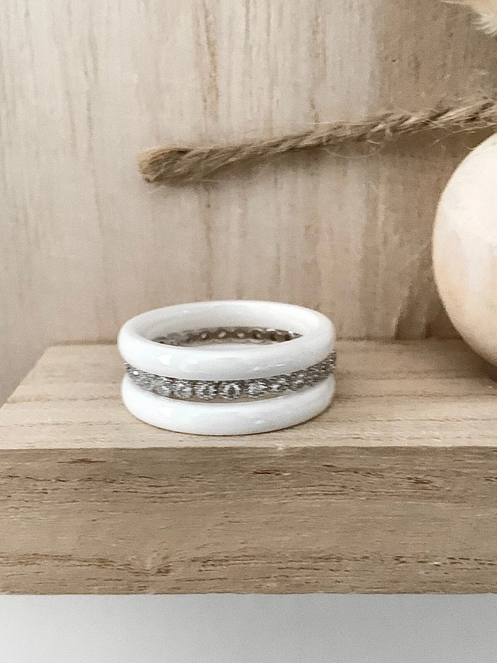 Bague Céramique Blanche 3 Anneaux & Argent Zirconium T50-52-54-56-58-60 - Photo 4/4