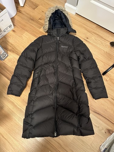 Marmot 700 Fill Down Parka Puffer Coat Jacket Women Large Hooded Black Long Blk - Picture 19 of 21