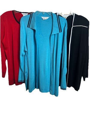 Set Of 3 XL Misook Sweaters Turquoise Red Black Open Front Excellent Condition