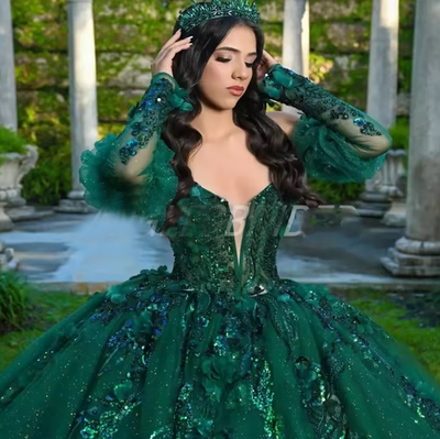 Vintage Emerald Green V-Neck Quinceanera Dresses With Sleeve Shiny Applique  Lace | eBay