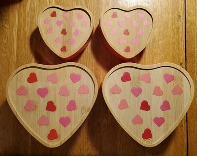 Valentine's Day 4-pack Wood Covered Heart   Shaped Red Metal Tin Containers