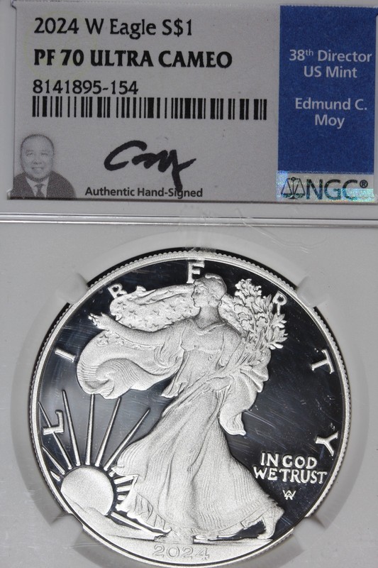 2024 W NGC PF70 ULTRA CAMEO AMERICAN SILVER EAGLE EDMUND C MOY #51846