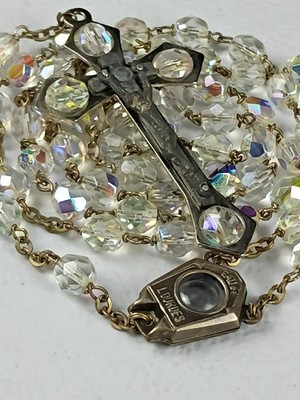 Catholic Rosary Faceted Glass Aurora Borealis Beads /Holy Land Soil/Water Medal