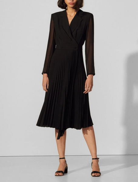 Sandro Kleid Schwarz Faltenrock Gr. 36 Damen Langarm Plissee Midikleid SFPRO0072-image