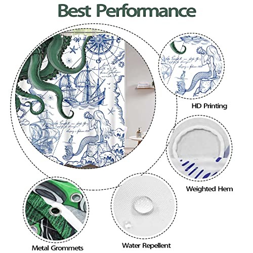 Nautical Octopus Shower Curtain Navy Blue Mermaid 72"W x 72"L (Pack of 1) Green - Picture 6 of 7