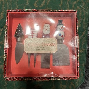 Two's Company Christmas Theme Cheese Knives Blown Glass Handles Holiday Charm