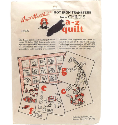 Aunt Martha's Hot Iron Transfers Child's Quilt Alphabet A-Z Animals Pattern C800