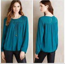 Meadow Rue Anthropologie Women’s Teal Green Laurel Smocked Top Size Medium
