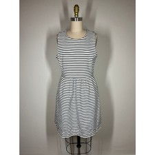 J. Crew Black White Striped Fit Flare Dress Medium Preppy Neutral Pockets C4098