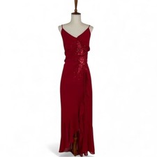 Vintage Red Dress Woman's L 80s 90s Maxi Sheath Sleeveless V-Neck  Sequin Glam