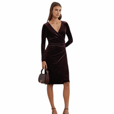 NEW Ralph Lauren Women's 14 Stretch Velvet Surplice Dress in Royal Claret Velvet