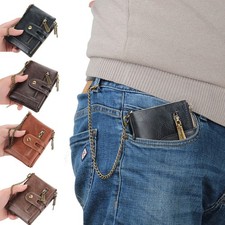 Biker Trucker Men Wallet Leather Bifold with Chain and Double Zipper Coin Pocket