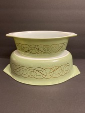 Pyrex Sage Green Golden Scroll SET of 2 Casserole Dishes 043 045 1.5 & 2.5 Qt