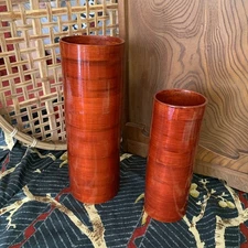 Set Of 2•Red Lacquer•Bamboo Vases • Vietnam•New•