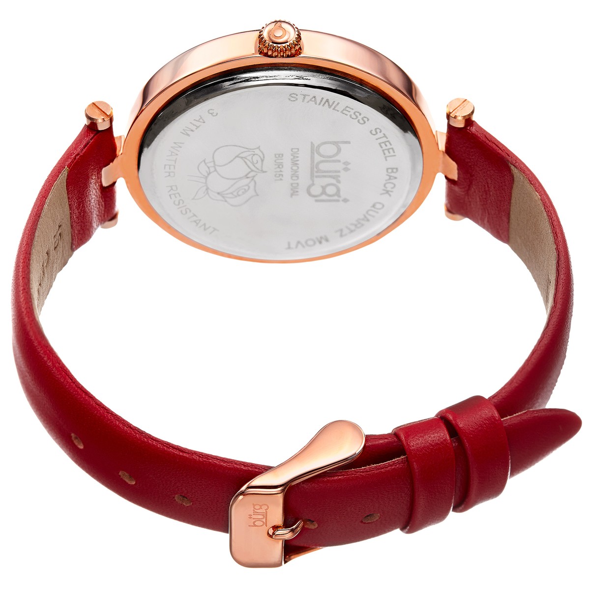 Women\'s Burgi Flower Engraved Diamond Dial Genuine Leather Strap Watch with box Burgi Diamond Accented Flower Dial Watch - 4 Diamond Hour  main image 3