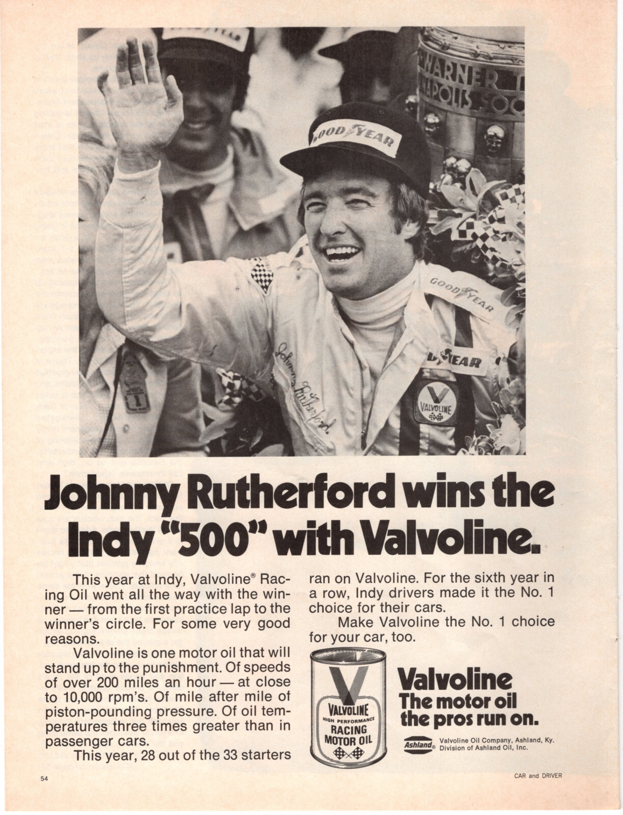 Valvoline Motor Oil Johnny Rutherford Indy 500 1974 Vintage Print Ad