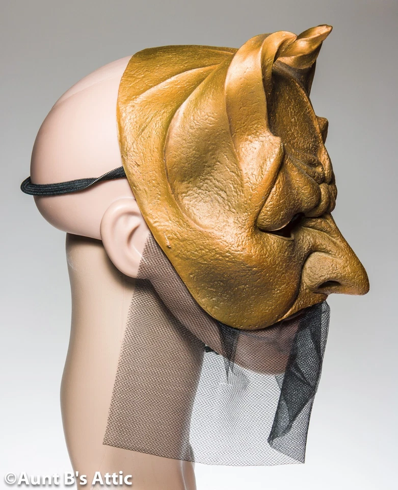 Mardi Gras Mask Gold Latex Demon Venetian Style Eye Mask With Netted Drape - Image 2 of 2