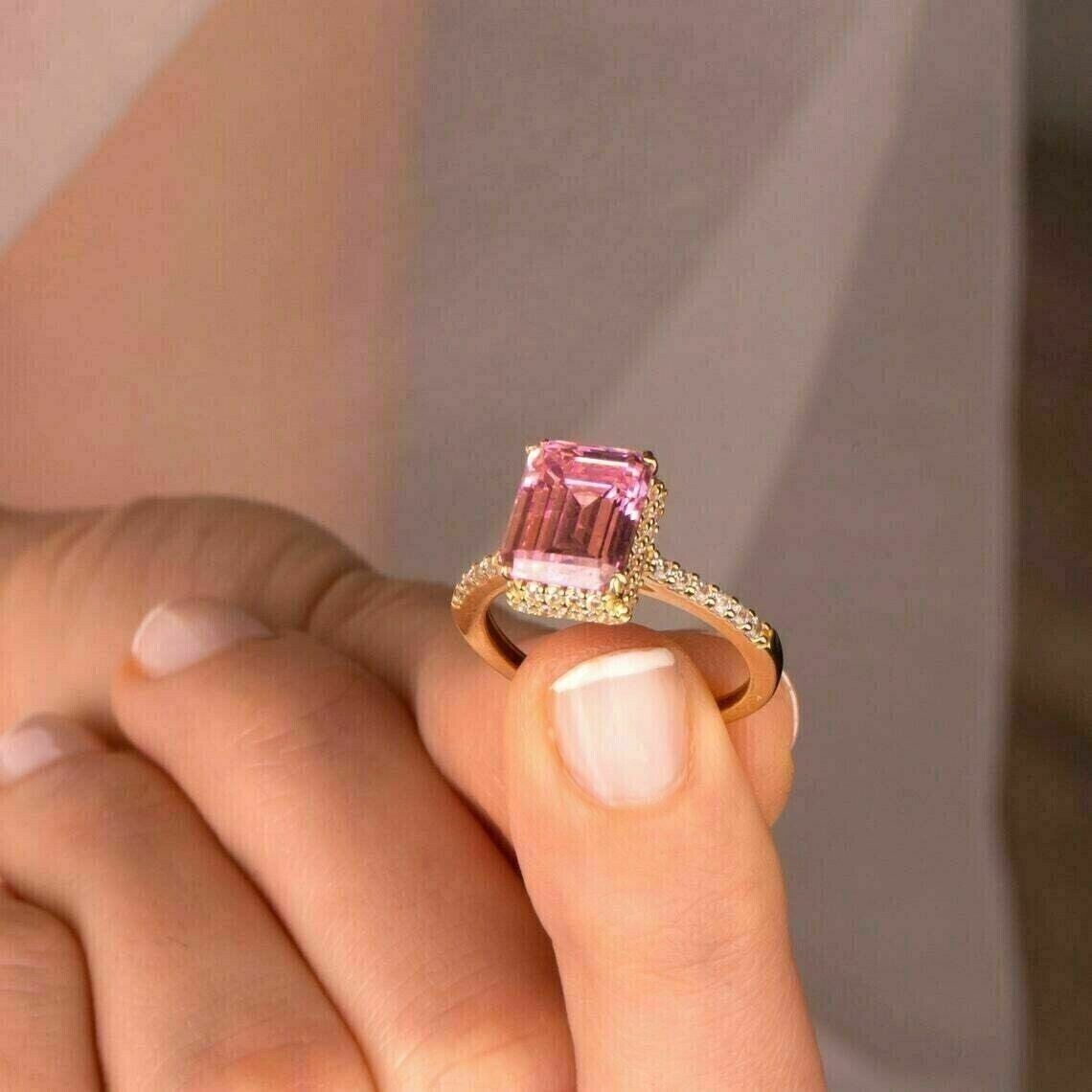 3Ct Emerald Cut Pink Topaz Diamond Wedding Ring in 925 Yellow Sterling  Silver