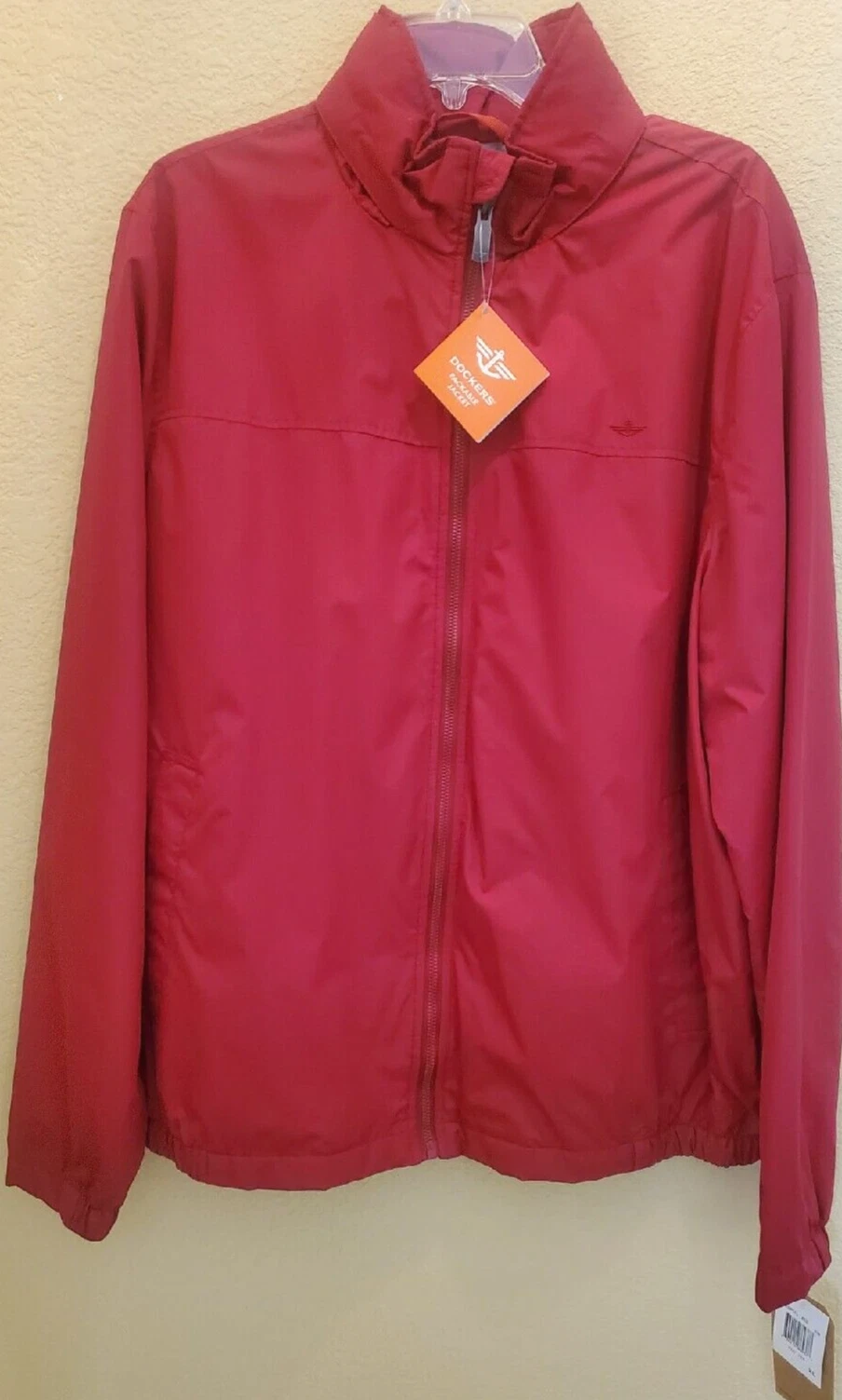 Dockers Classic Hooded Zip Jacket Windbreaker Red Self-Pack 3 Pocket NEW Size XL