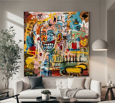 LEINWAND BILD BIS 140x140x5 ABSTRAKTE KUNST Basquiat-Stil BUNTES GRAFFITI MODERN