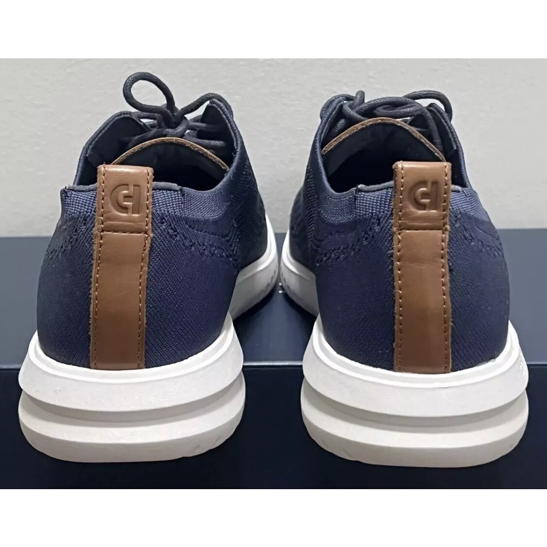 Cole Haan Grand Stretch Knit Wing Tip Oxford Shoes Navy Blue 