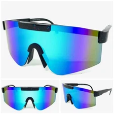 Oversize 80s RETRO SPORTY WRAP AROUND Style SUNGLASSES Big Black Frame Blue Lens