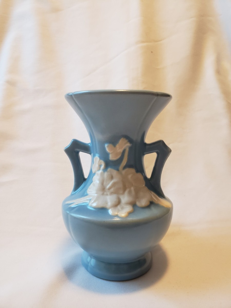 Vintage Weller Pottery Vase Blue with White Floral Blossom Pattern