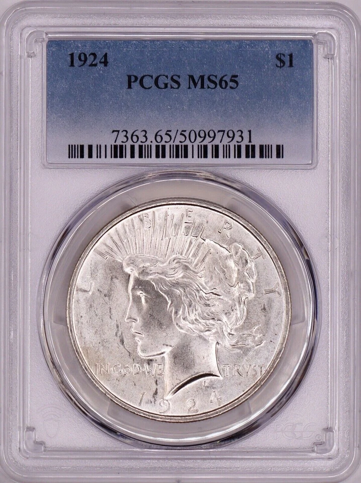 1924-P Peace Silver Dollar PCGS MS65 - Blast White Flashy Luster Fresh Grading!