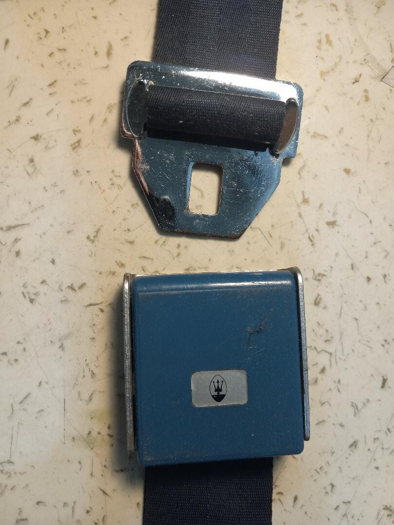 Vintage Maserati seat belt- blue cover with Maserati logo-Irving Air Chute Co.