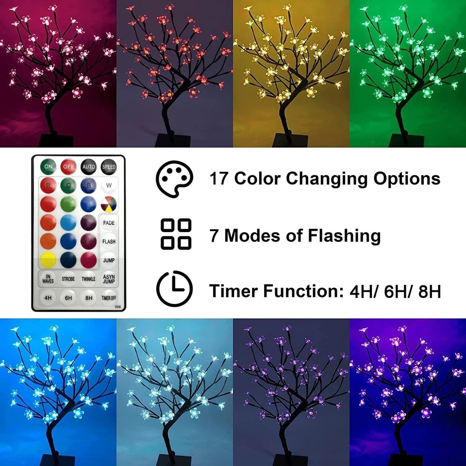 Árbol bonsái de flor de cerezo, 48 luces LED, adaptador de 24 V incluido, US NUEVO Foto 4 de 4