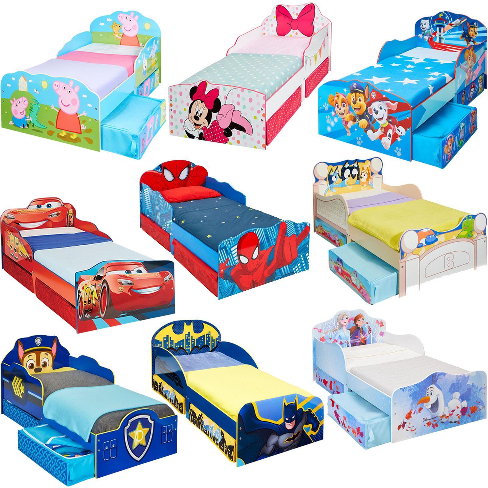 TODDLER BEDS COT WITH STORAGE CHARACTER DISNEY BOYS GIRLS + MATTRESS