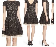 Eliza J Black Floral Lace Fit & Flare V-Neck Short Sleeve Lined Zip 4