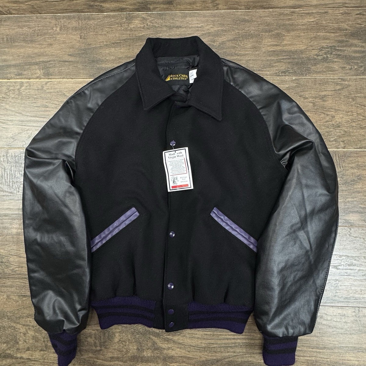 VTG Rock Creek Athletic Varsity Jacket Mens Large Black Leather