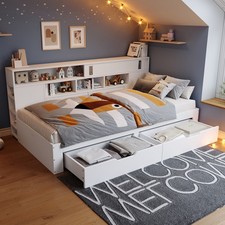 Daybed Wooden Bed 3ft Single Bed Frame with Storage Drawers, Shelves & Cabinets
