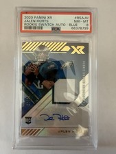 2020 Panini XR - Rookie Swatch Autographs Jalen Hurts #RSA-JU Blue /49 PSA 8