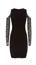 Jaeger Black Cold Shoulder Dress Lace Sleeves Fine Knit Size medium bodycon 