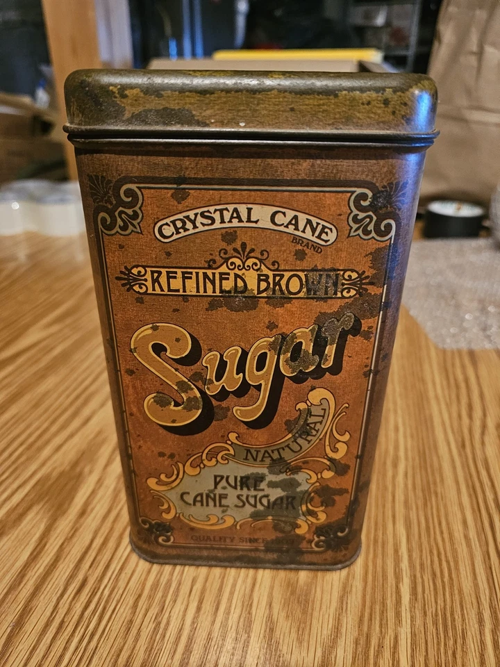 VINTAGE TIN--CRYSTAL CANE REFINED BROWN PURE CANE SUGAR  9"X6"X5", GOOD COND. - Image 3 of 4