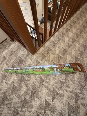 Vintage Cross Cut Logging 48'' Blade Nice  Country Scen Painted Saw Signed