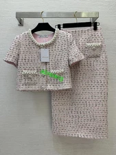 pink tweed pearl neck and buttons slim short sleeve top+skirt set women 2025S-XL