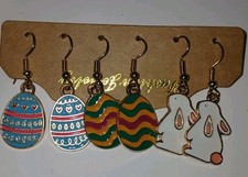 EASTER EARRINGS, Set Of 3 Colorful Dangle Eggs,Bunny ,ages 6 Lightweight