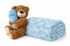 Handmade Chunky Knitted Blue Baby Blanket Cozy Keepsake 30"x30" It's A Boy Bear
