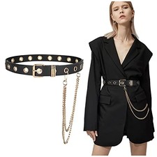 Grommet Leather Belt Fit for Waist up to 36" Single Grommet with Gold Chain 